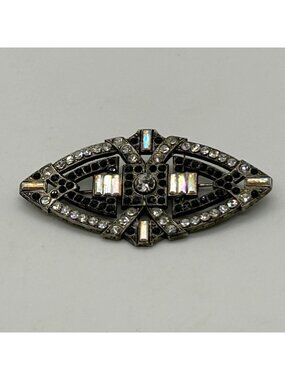 Vintage Art Deco Style Brooch Silver-tone Black & Clear Rhinestone Geometric Pin
